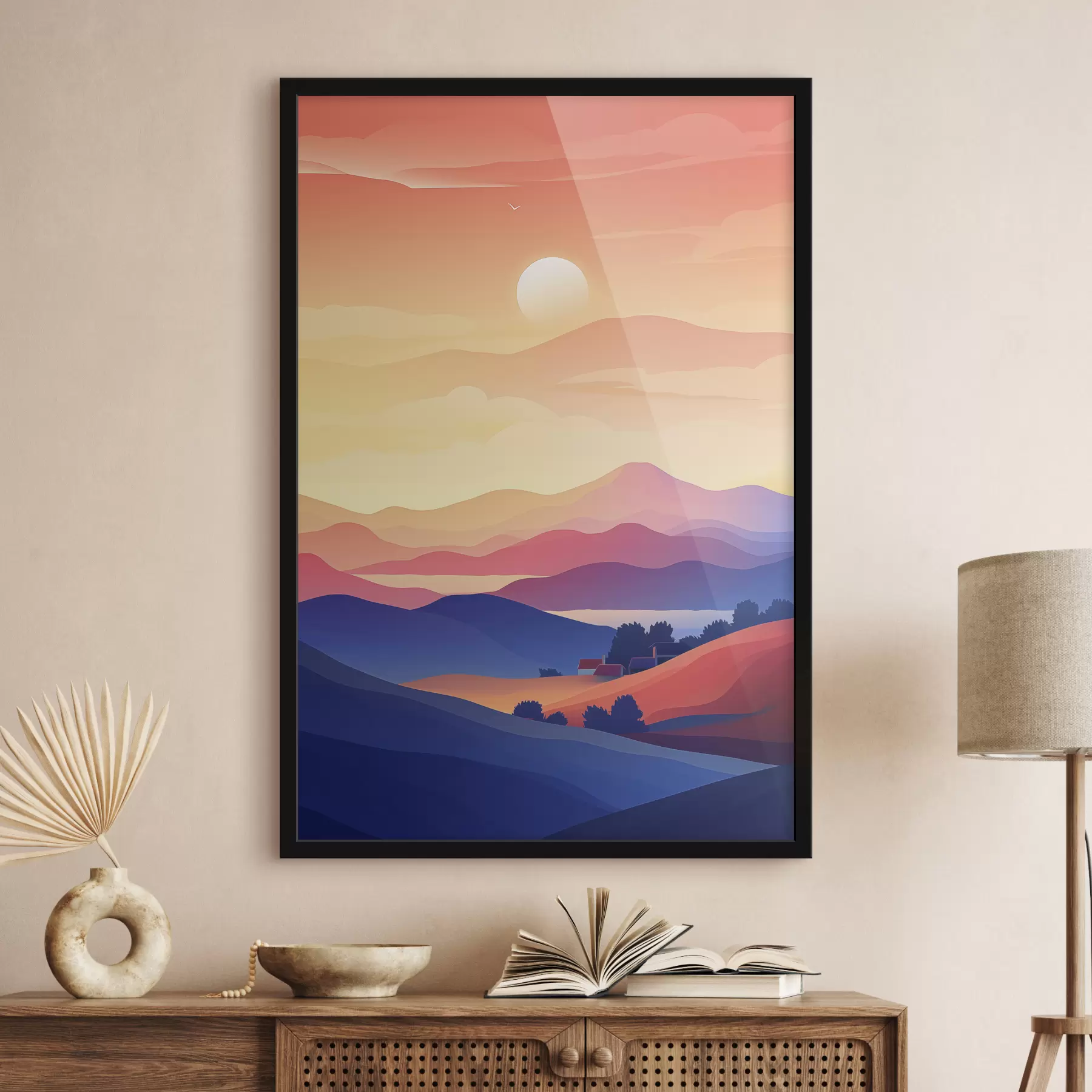 Tableau Paysages abstraction, montagnes, coucher de soleil, maisons f40948