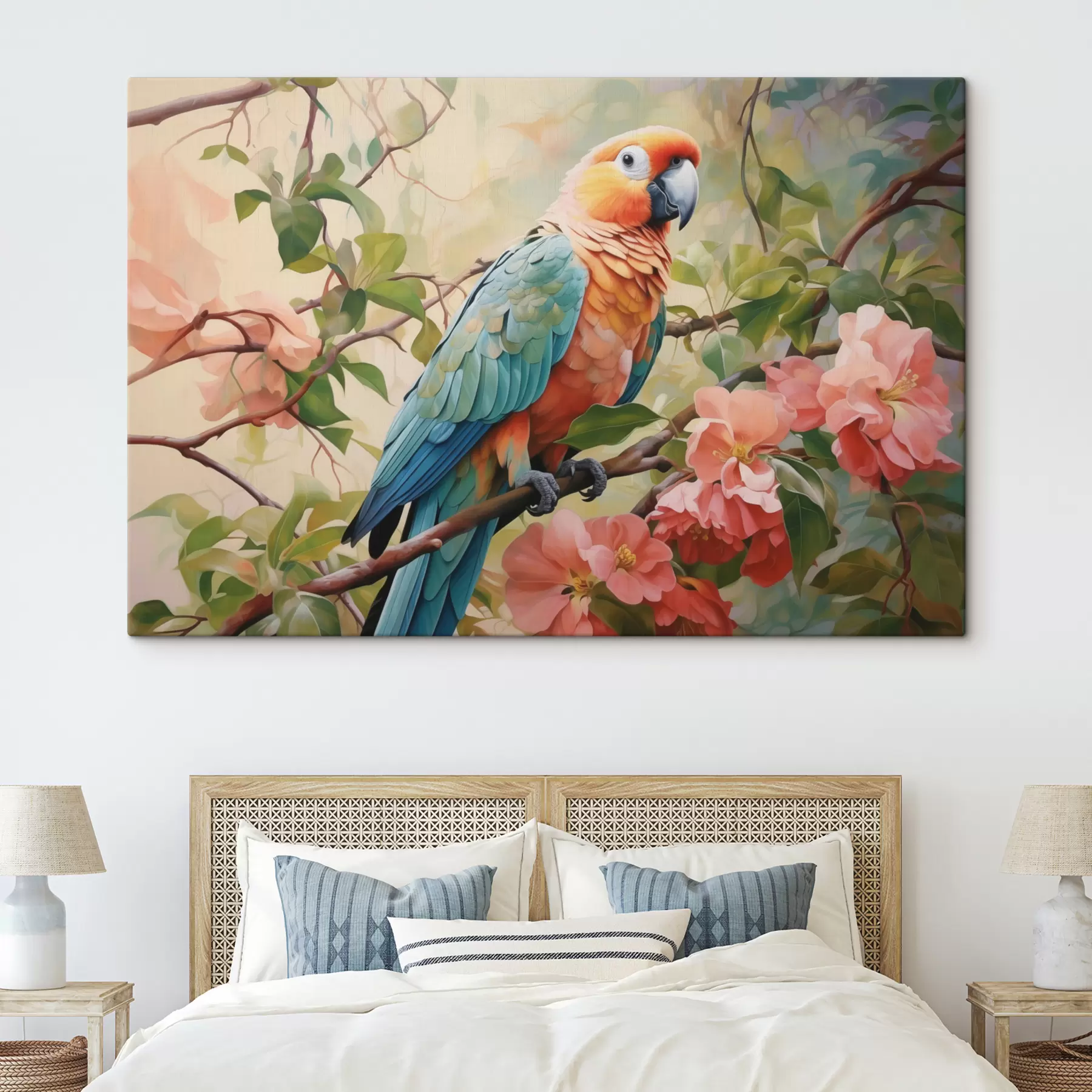 Papier peint Perroquet ara assis sur une branche avec des fleurs roses s41018