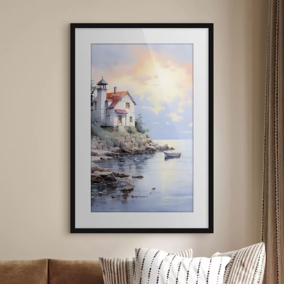 Poster Maison sur la plage au bord de la mer au coucher du soleil f41010