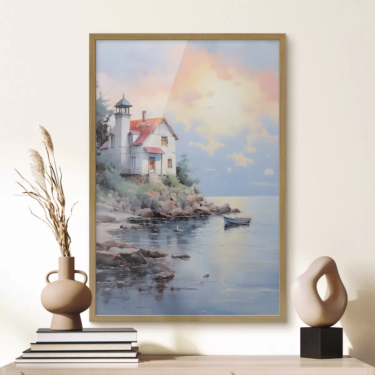 Poster Maison sur la plage au bord de la mer au coucher du soleil f41010