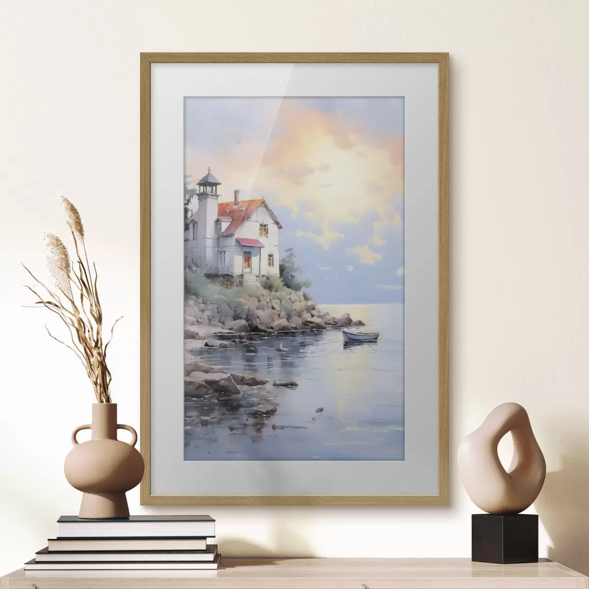 Poster Maison sur la plage au bord de la mer au coucher du soleil f41010