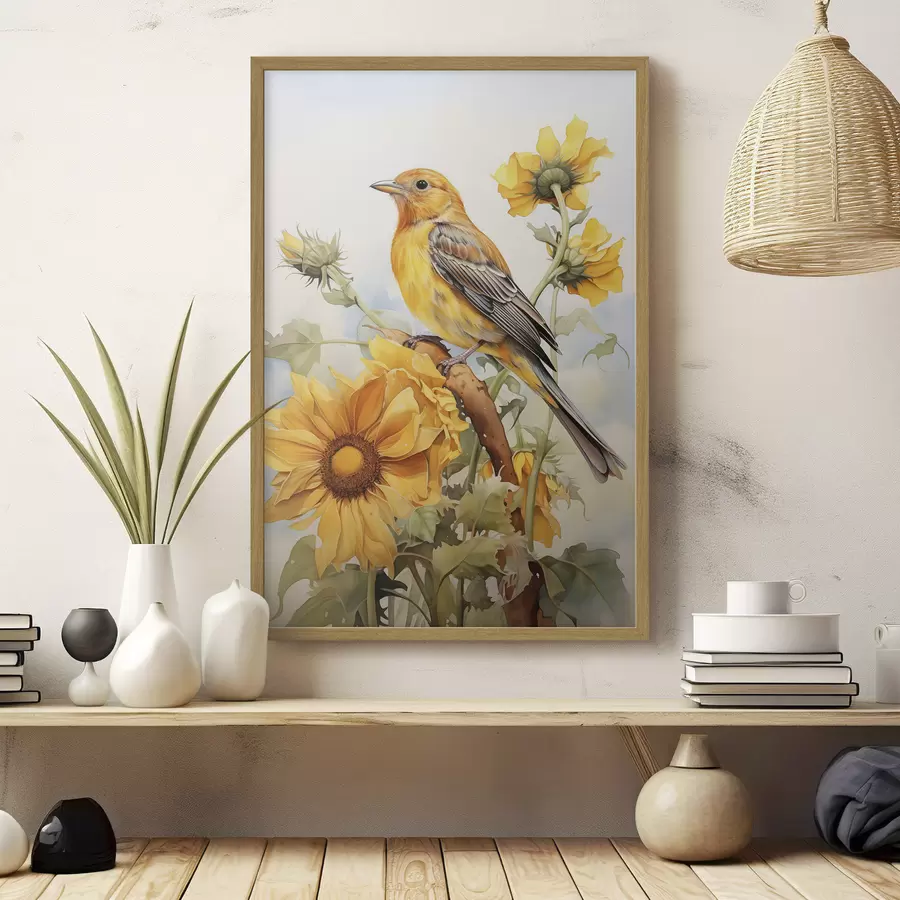 Papier peint Oiseau jaune assis sur un tournesol aquarelle f41015