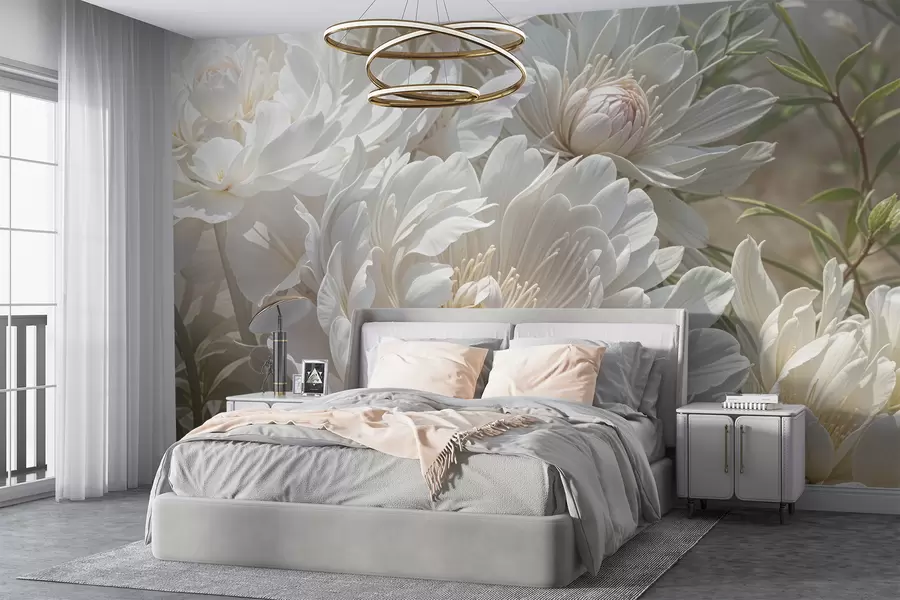 Papier peint Gros plan sur de grandes et délicates fleurs de pivoines blanches aux pétales doux et duveteux et au centre jaune pâle  w08325