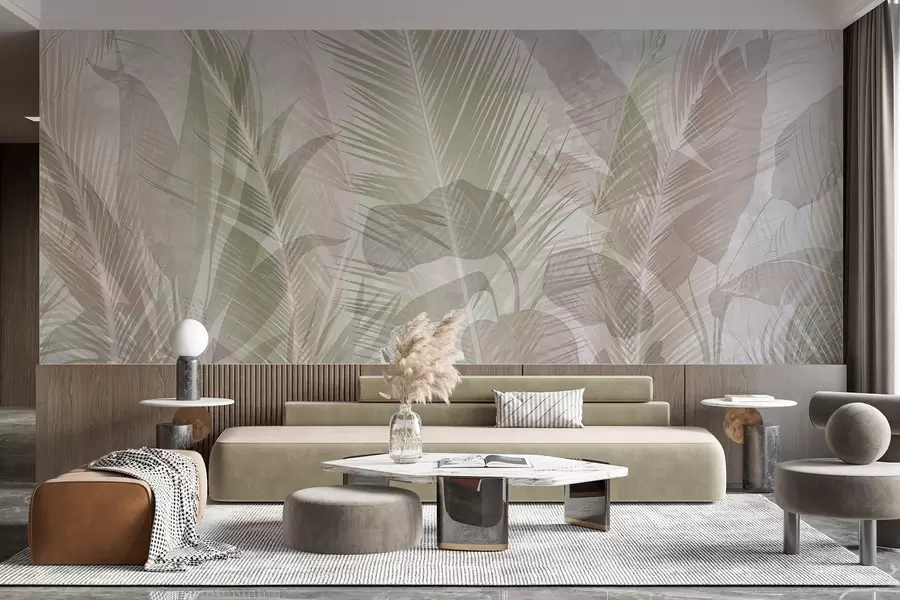 Papier peint Feuilles de palmier tropicales dans des couleurs pastel douces, sur un fond texturé flou et brumeux w08326