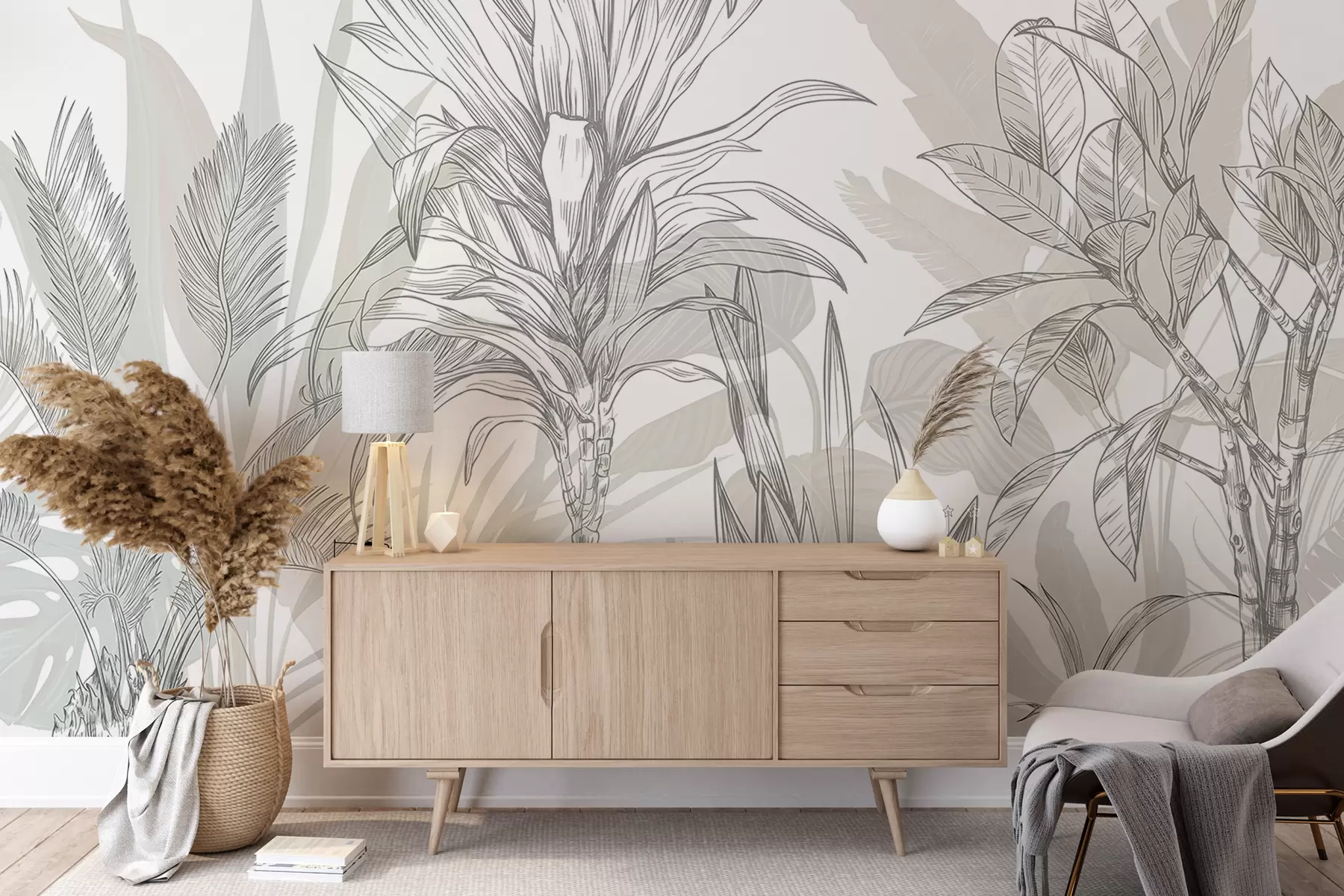 Papier peint Plantes tropicales graphiques avec de grandes feuilles et des fleurs luxuriantes dans des tons gris et blancs avec des silhouettes vertes florales  w08327