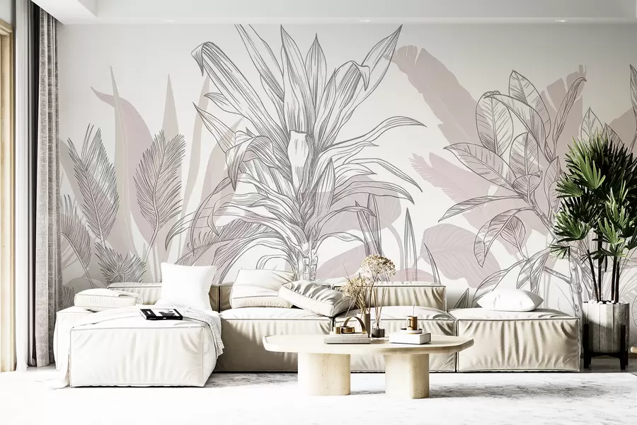 Papier peint Plantes tropicales graphiques avec de grandes feuilles luxuriantes et des fleurs dans des tons gris et blancs avec des silhouettes florales roses  w08327v1
