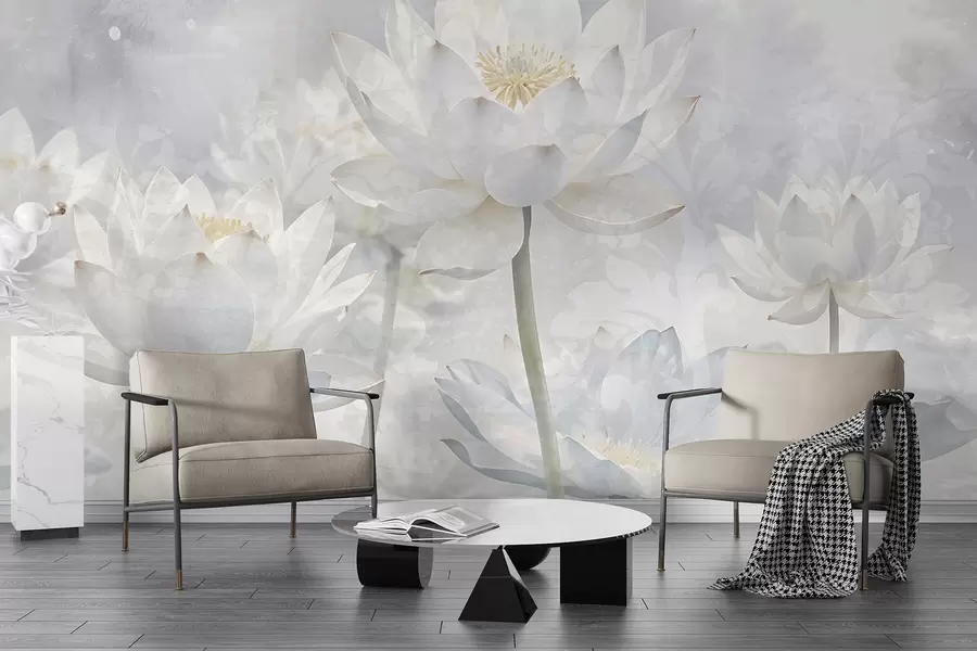 Papier peint Fleurs de lotus blanches sur fond de paysage pastel abstrait brumeux et éthéré w08328
