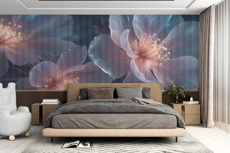 Papier peint Fleurs délicates roses et bleues transparentes avec des pétales doux et flous et des centres lumineux sur un fond sombre w08329
