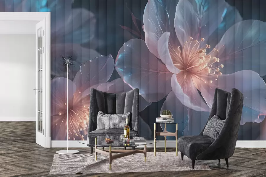 Papier peint Fleurs délicates roses et bleues transparentes avec des pétales doux et flous et des centres lumineux sur un fond sombre w08329