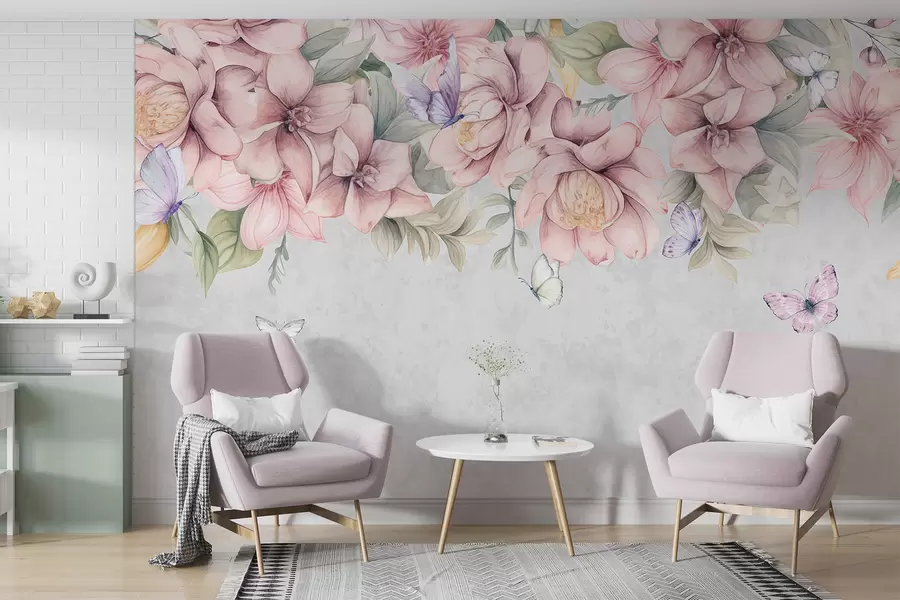 Papier peint Fleurs roses et blanches douces avec des fleurs et des feuilles délicates sur fond gris texturé w08331