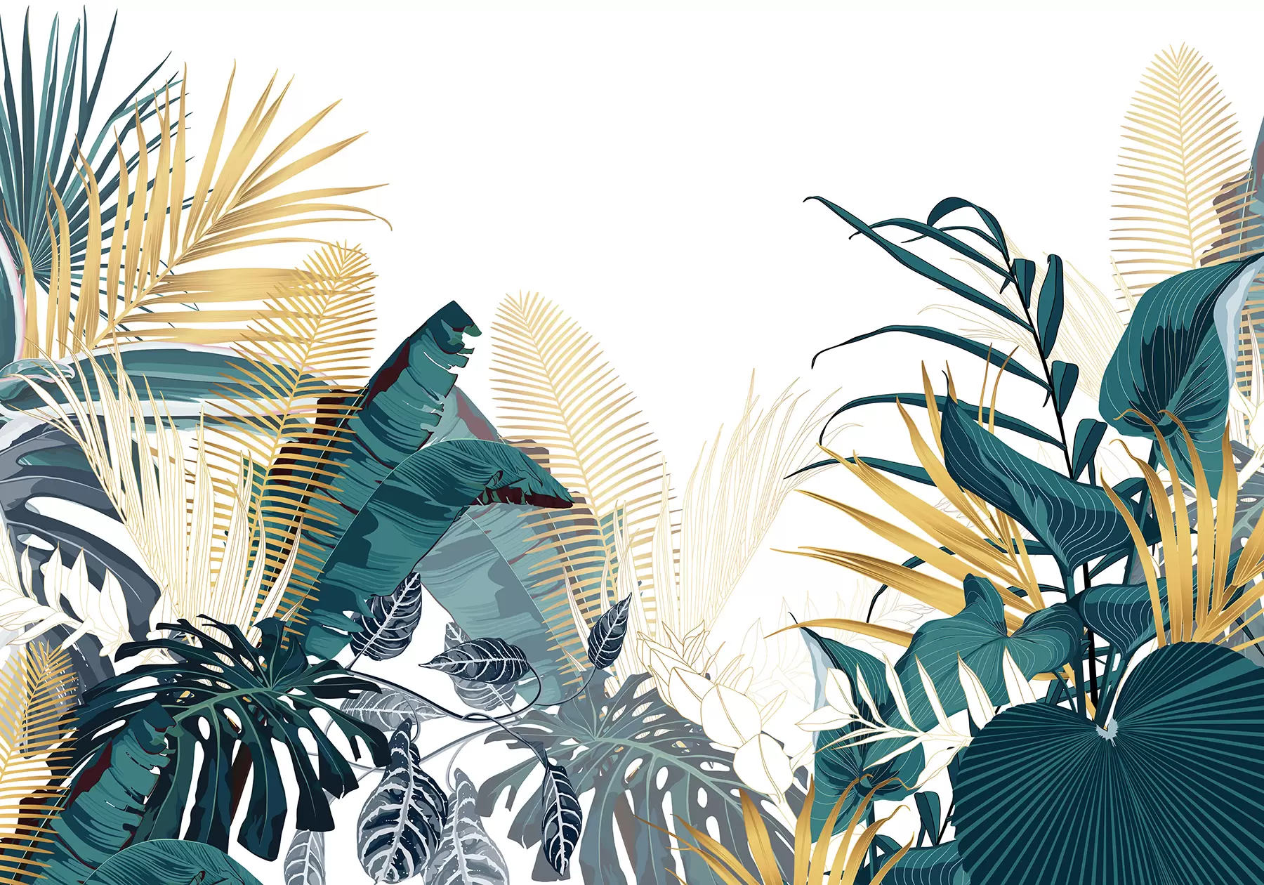 Papier peint Un feuillage tropical luxuriant, comprenant des feuilles de palmier, des fougères et d'autres plantes exotiques aux couleurs vert foncé et orange w08338