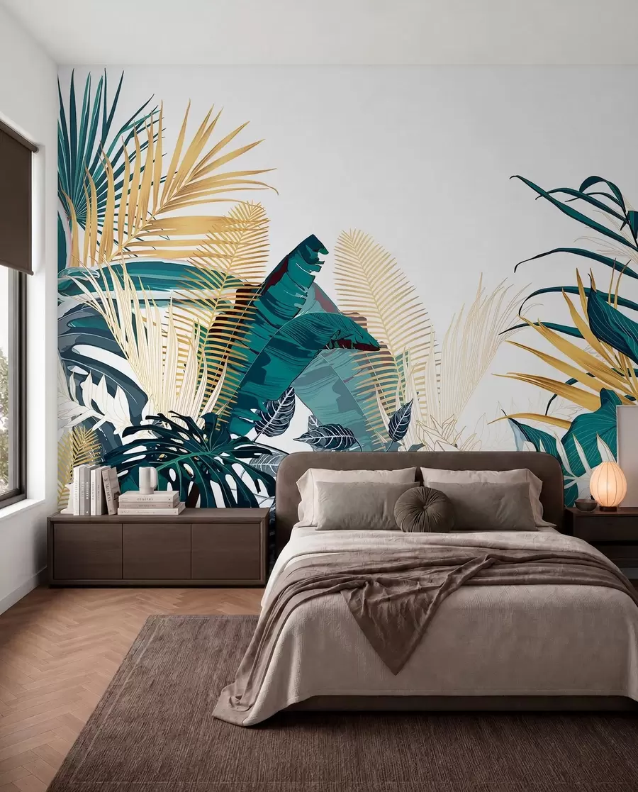 Papier peint Un feuillage tropical luxuriant, comprenant des feuilles de palmier, des fougères et d'autres plantes exotiques aux couleurs vert foncé et orange w08338