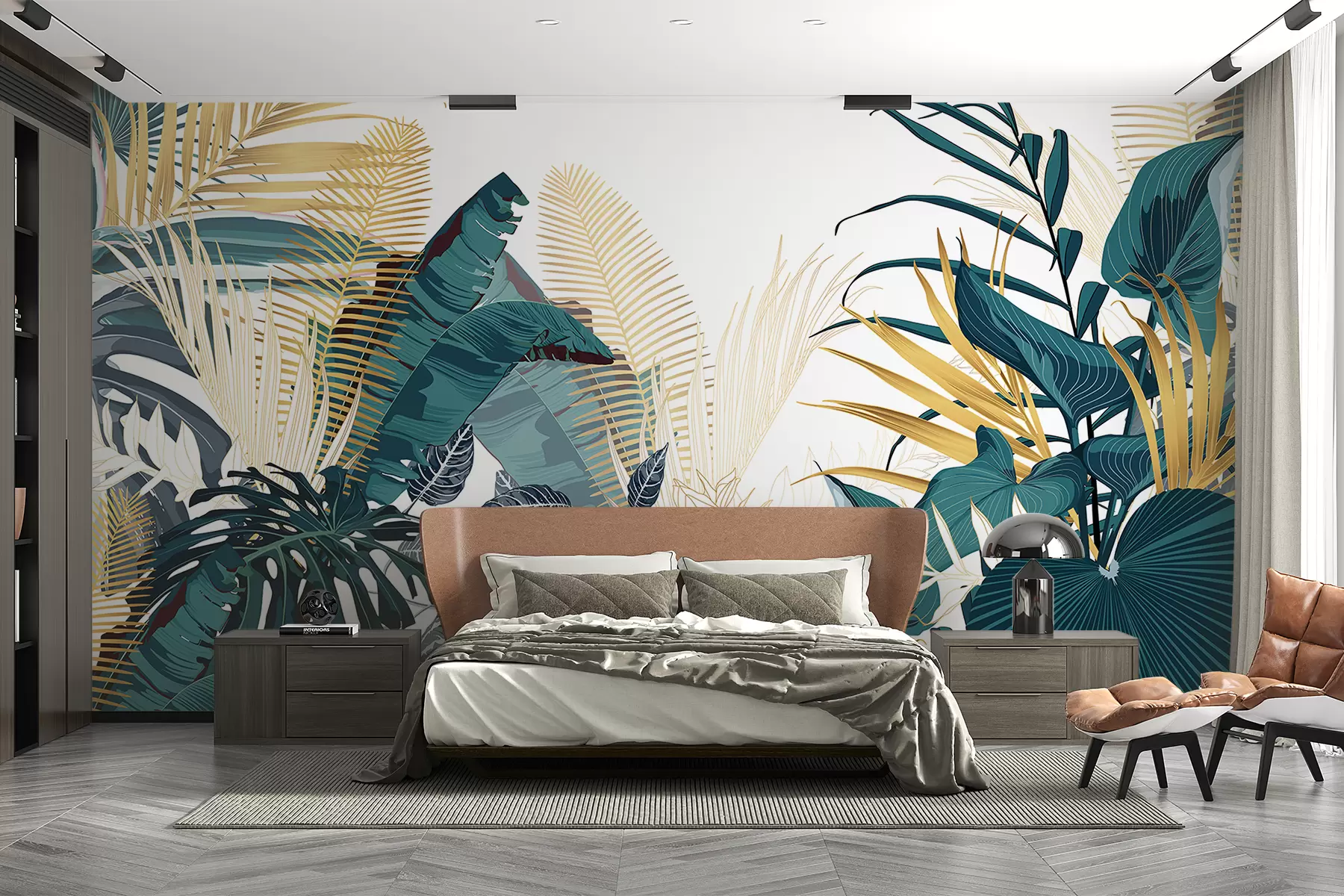 Papier peint Un feuillage tropical luxuriant, comprenant des feuilles de palmier, des fougères et d'autres plantes exotiques aux couleurs vert foncé et orange w08338