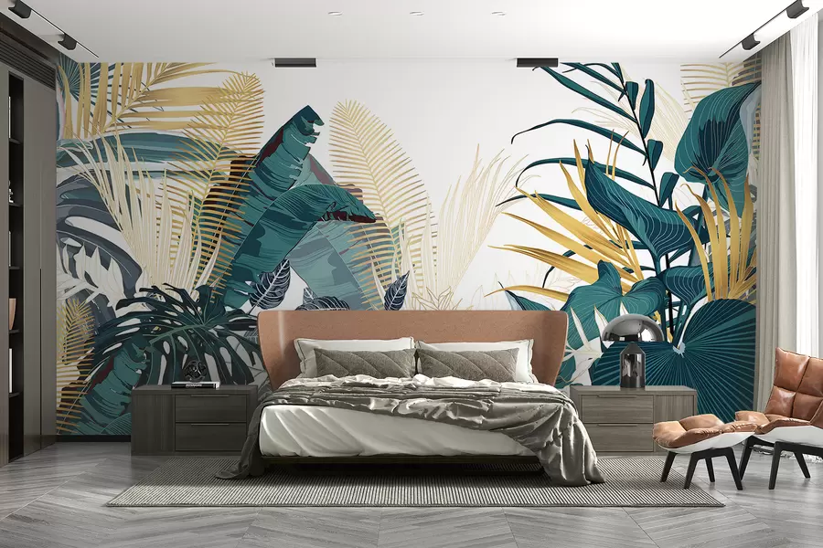 Papier peint Un feuillage tropical luxuriant, comprenant des feuilles de palmier, des fougères et d'autres plantes exotiques aux couleurs vert foncé et orange w08338