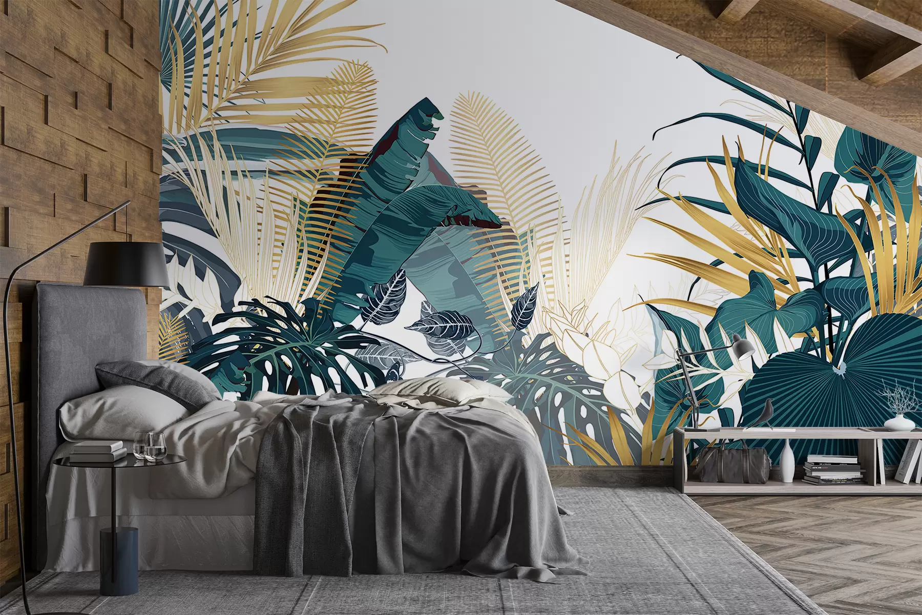 Papier peint Un feuillage tropical luxuriant, comprenant des feuilles de palmier, des fougères et d'autres plantes exotiques aux couleurs vert foncé et orange w08338