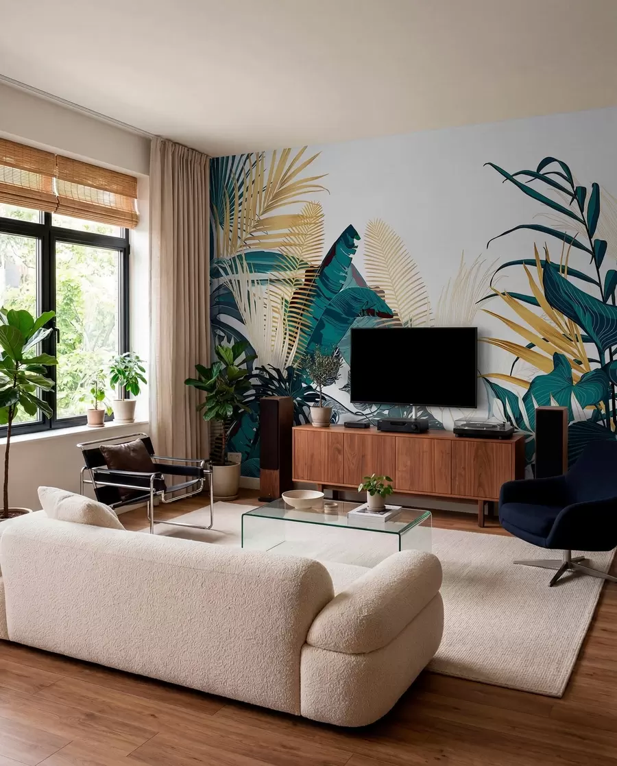 Papier peint Un feuillage tropical luxuriant, comprenant des feuilles de palmier, des fougères et d'autres plantes exotiques aux couleurs vert foncé et orange w08338