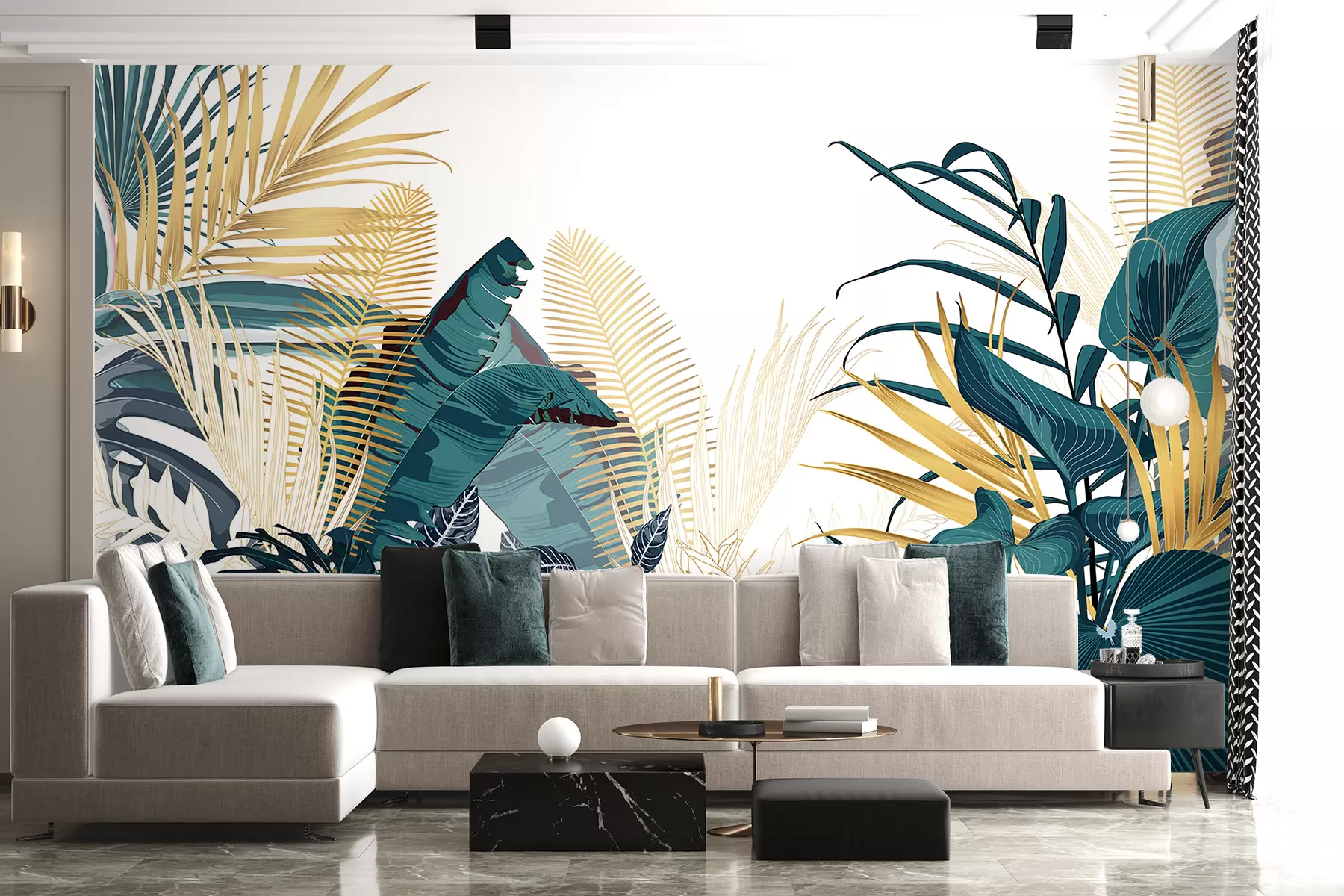 Papier peint Un feuillage tropical luxuriant, comprenant des feuilles de palmier, des fougères et d'autres plantes exotiques aux couleurs vert foncé et orange w08338