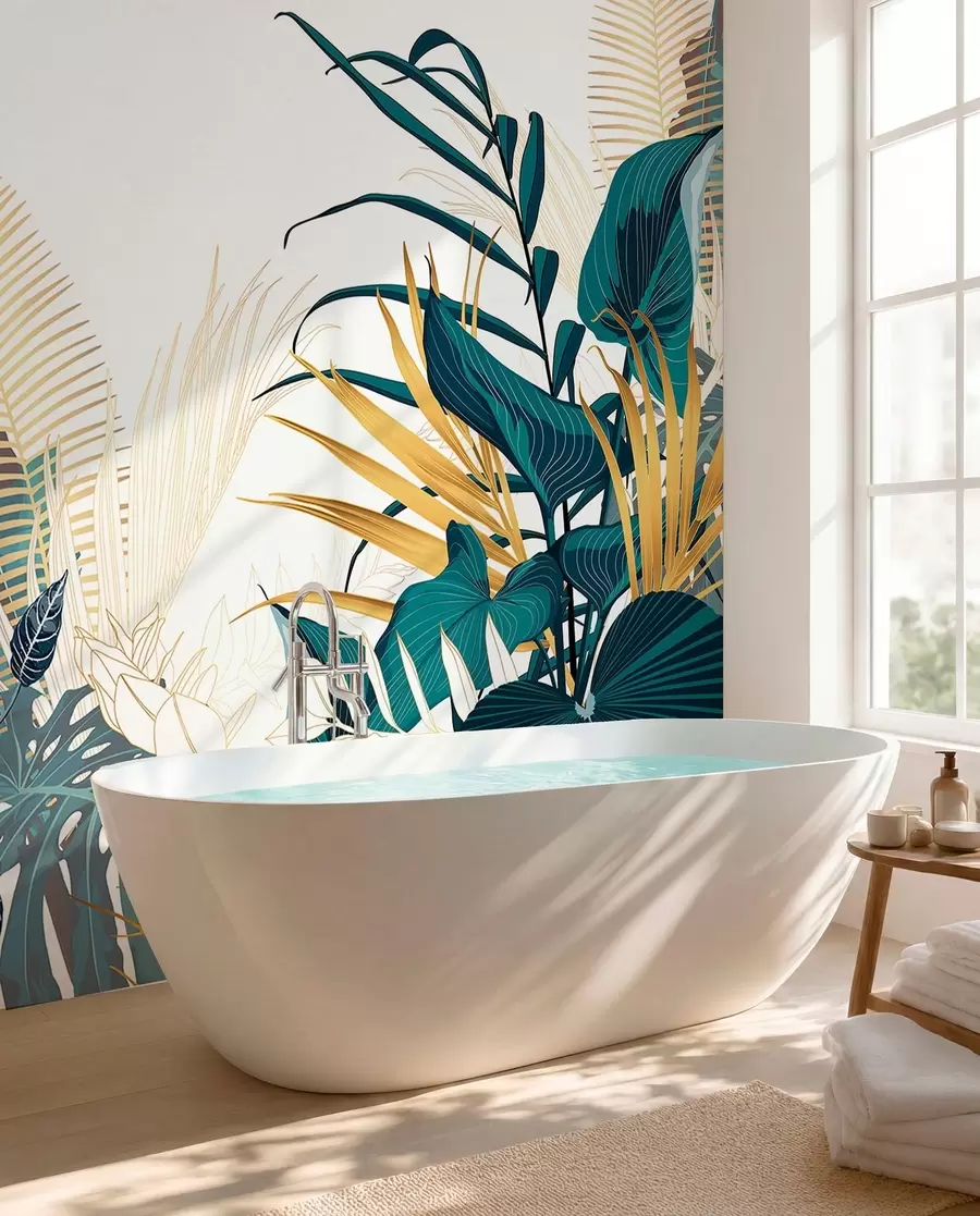 Papier peint Un feuillage tropical luxuriant, comprenant des feuilles de palmier, des fougères et d'autres plantes exotiques aux couleurs vert foncé et orange w08338