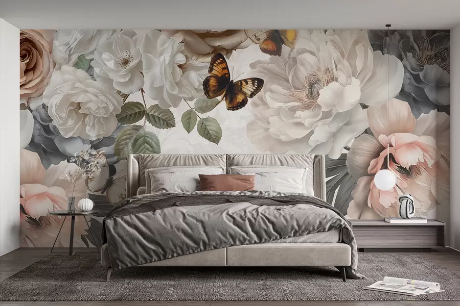 Papier peint Grandes fleurs de pivoines blanches et roses avec un papillon perché sur l'une des fleurs sur un fond doux et flou w08340