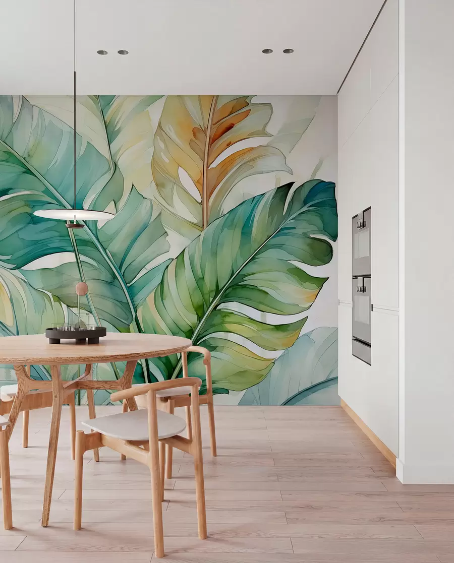 Papier peint Banane tropicale feuilles de palmier aquarelle mouillée w01775