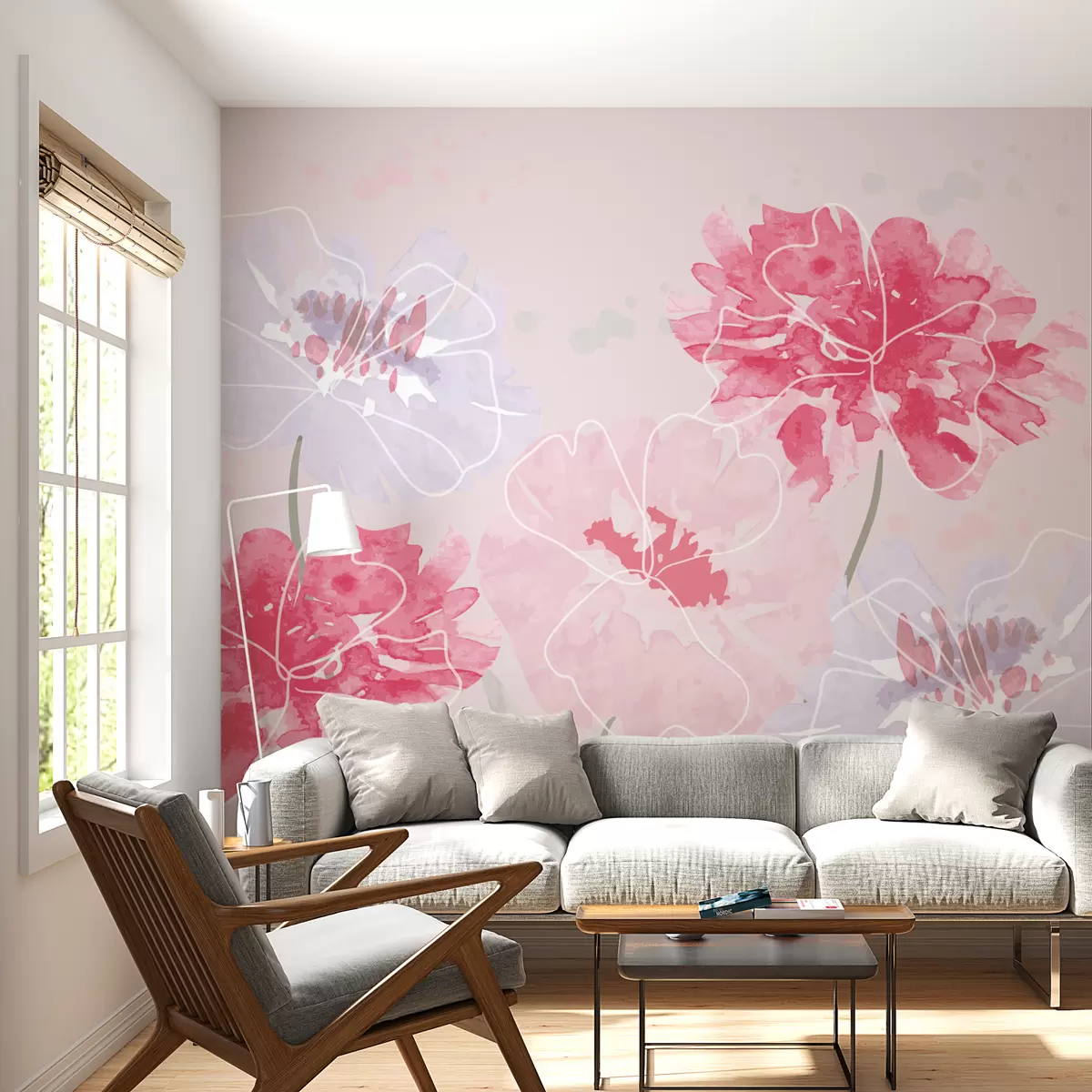 Papier peint fleurs roses et violettes en aquarelle w01159