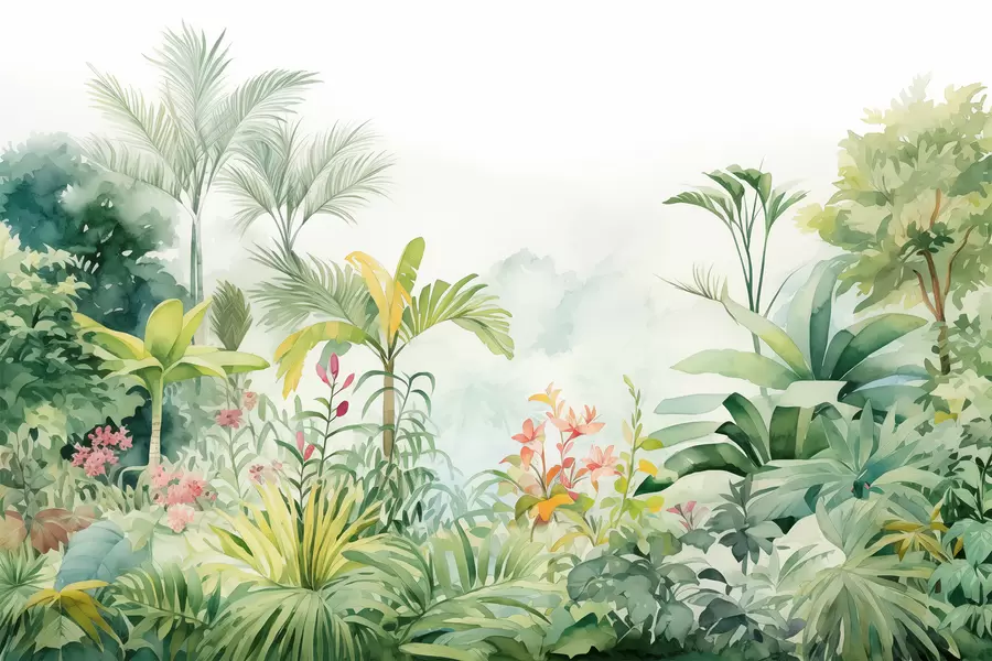 Papier peint Jungle forestière, aquarelle, palmiers, floral, couleurs douces w01785