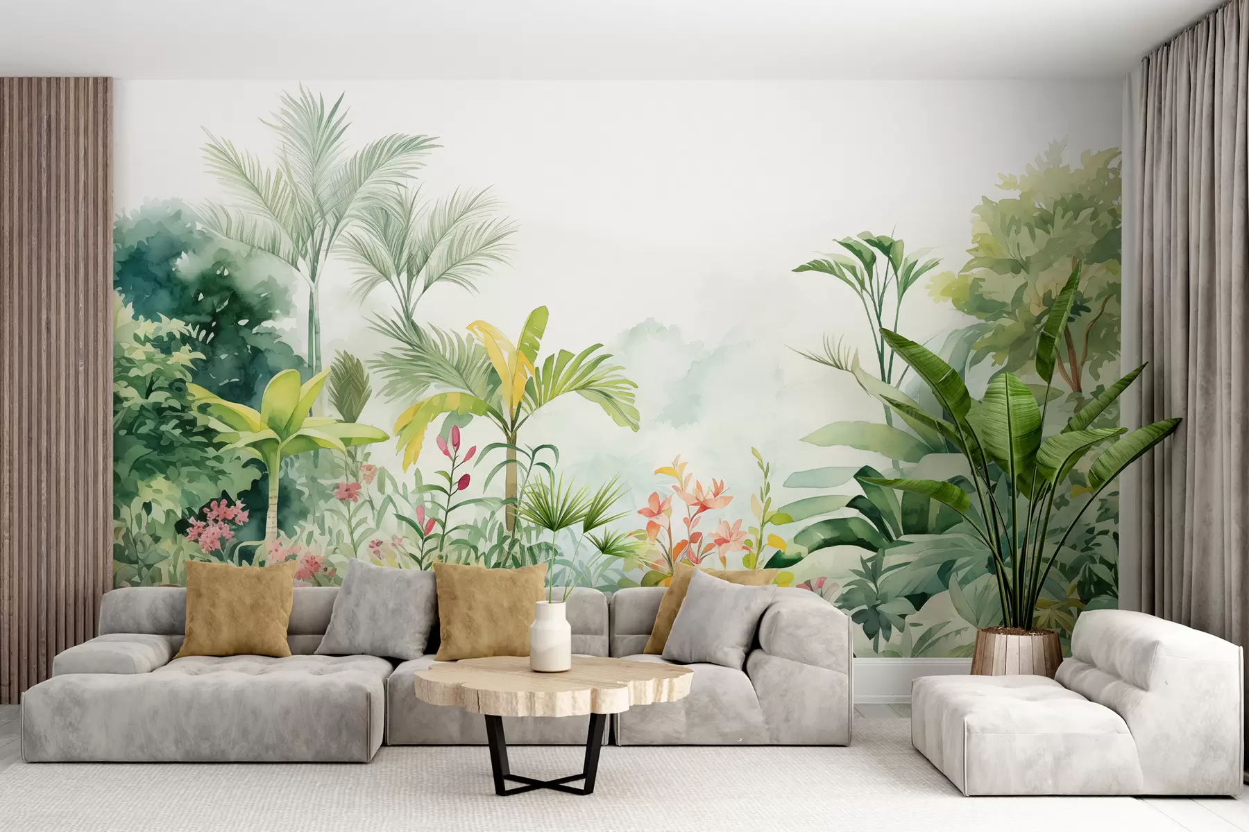 Papier peint Jungle forestière, aquarelle, palmiers, floral, couleurs douces w01785