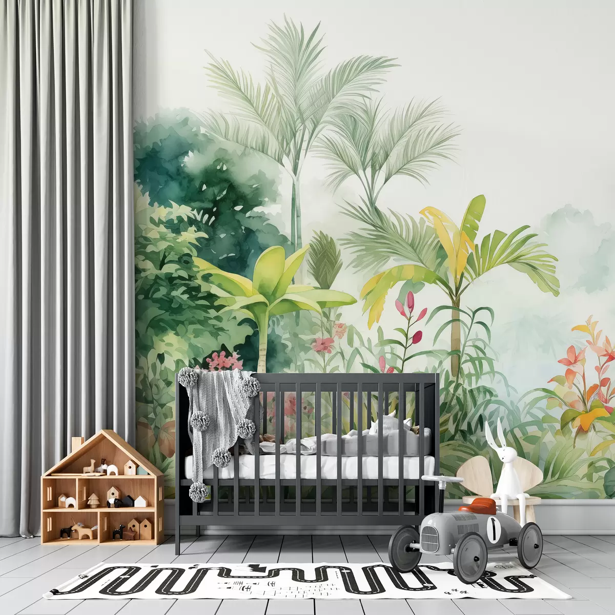 Papier peint Jungle forestière, aquarelle, palmiers, floral, couleurs douces w01785
