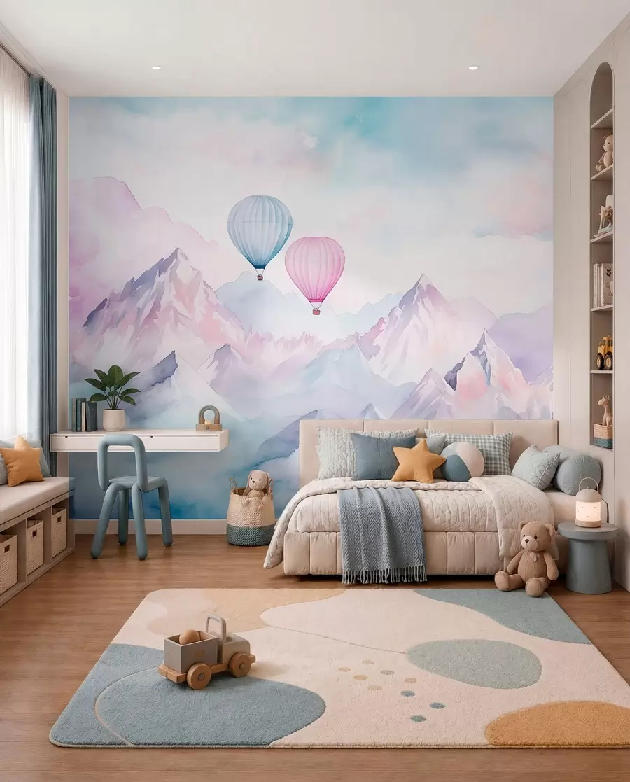 Papier peint Montagnes en aquarelle avec des ballons d'air, éthéré, couleurs bleues w01786v1