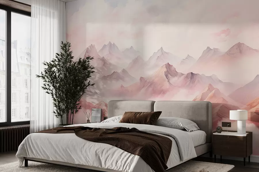 Papier peint Montagnes avec nuages, aquarelle, couleurs douces beige et rose w01790
