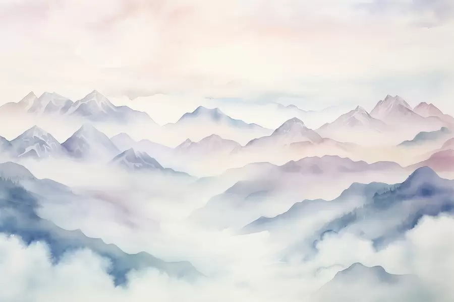 Papier peint Paysage de montagnes éthérées, nuages, aquarelle w01791