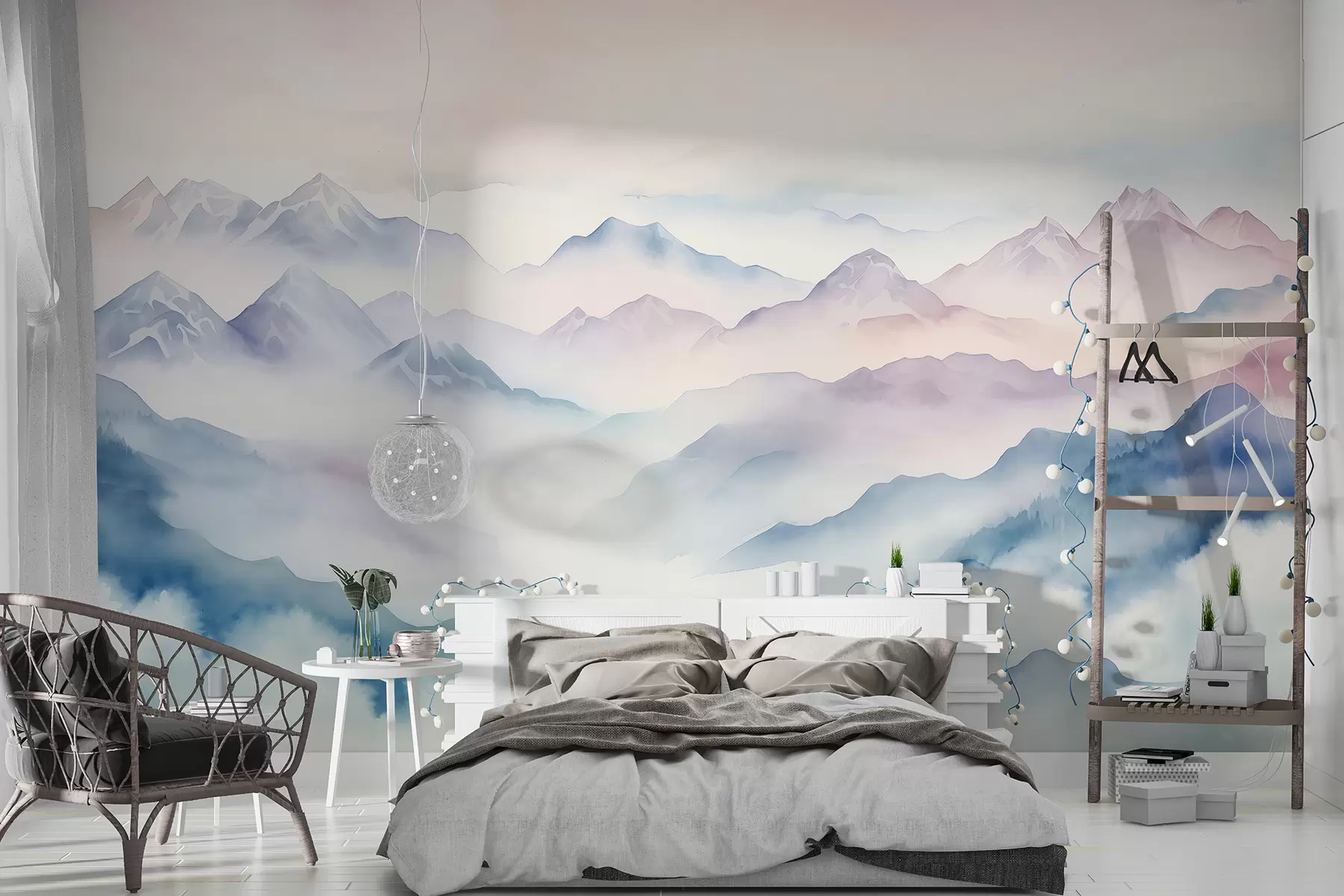 Papier peint Paysage de montagnes éthérées, nuages, aquarelle w01791