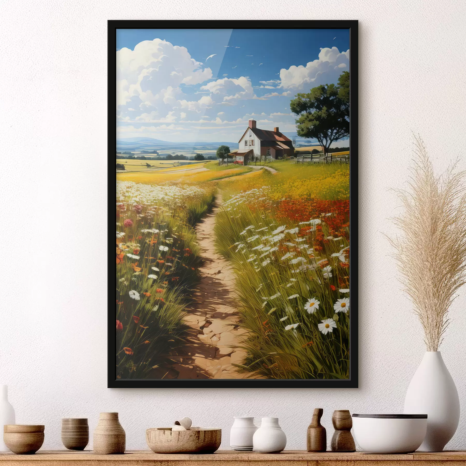 Papier peint un chemin dans un champ fleuri et une maison f41109