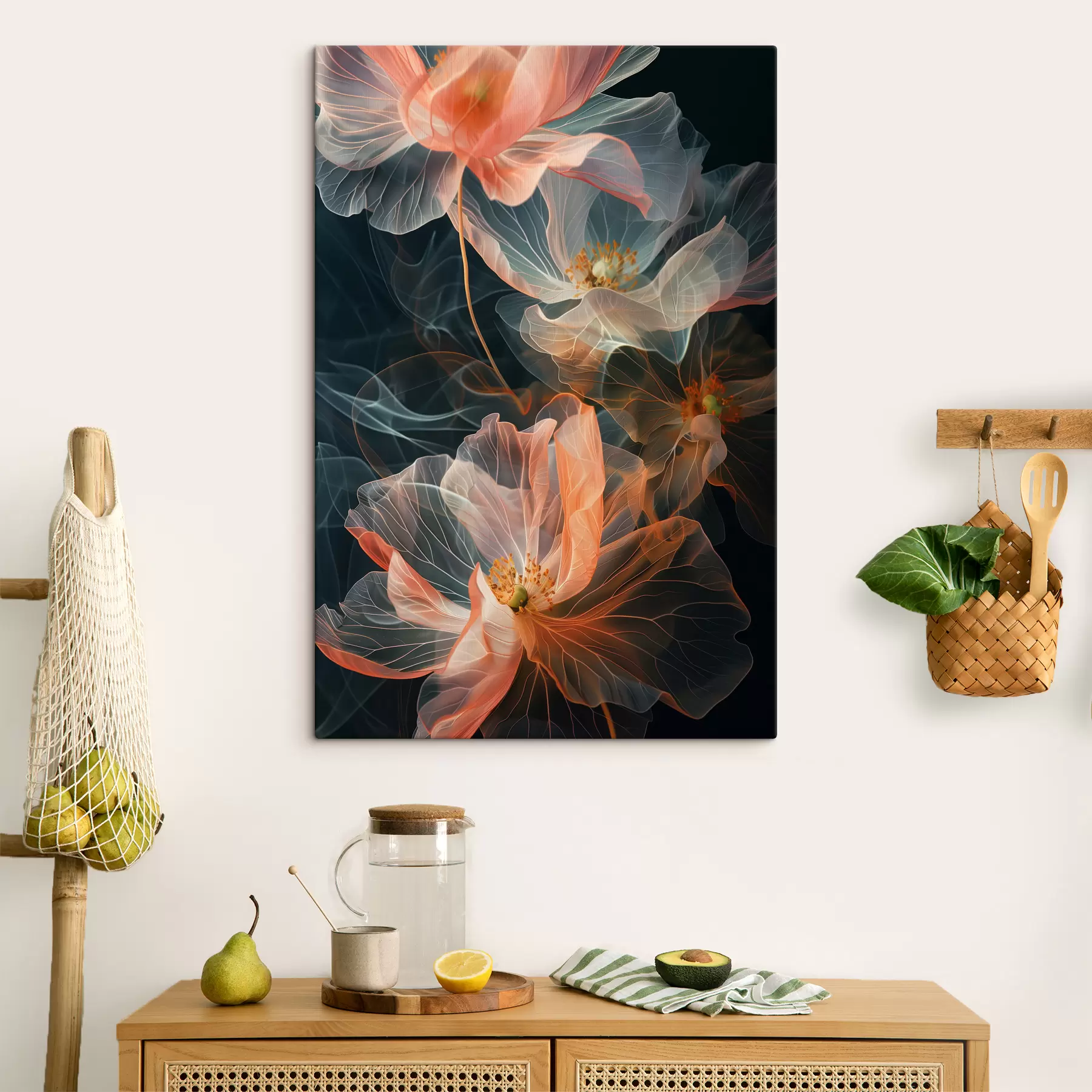 Papier peint Fleurs légères et translucides voilées de fumée sur fond sombre s40968