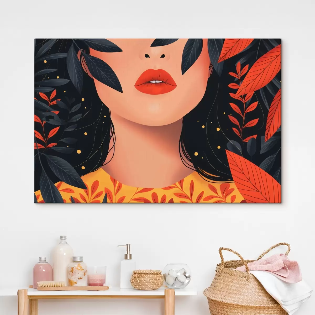 Tableau Fille aux lèvres rouges entourée de feuilles s40984