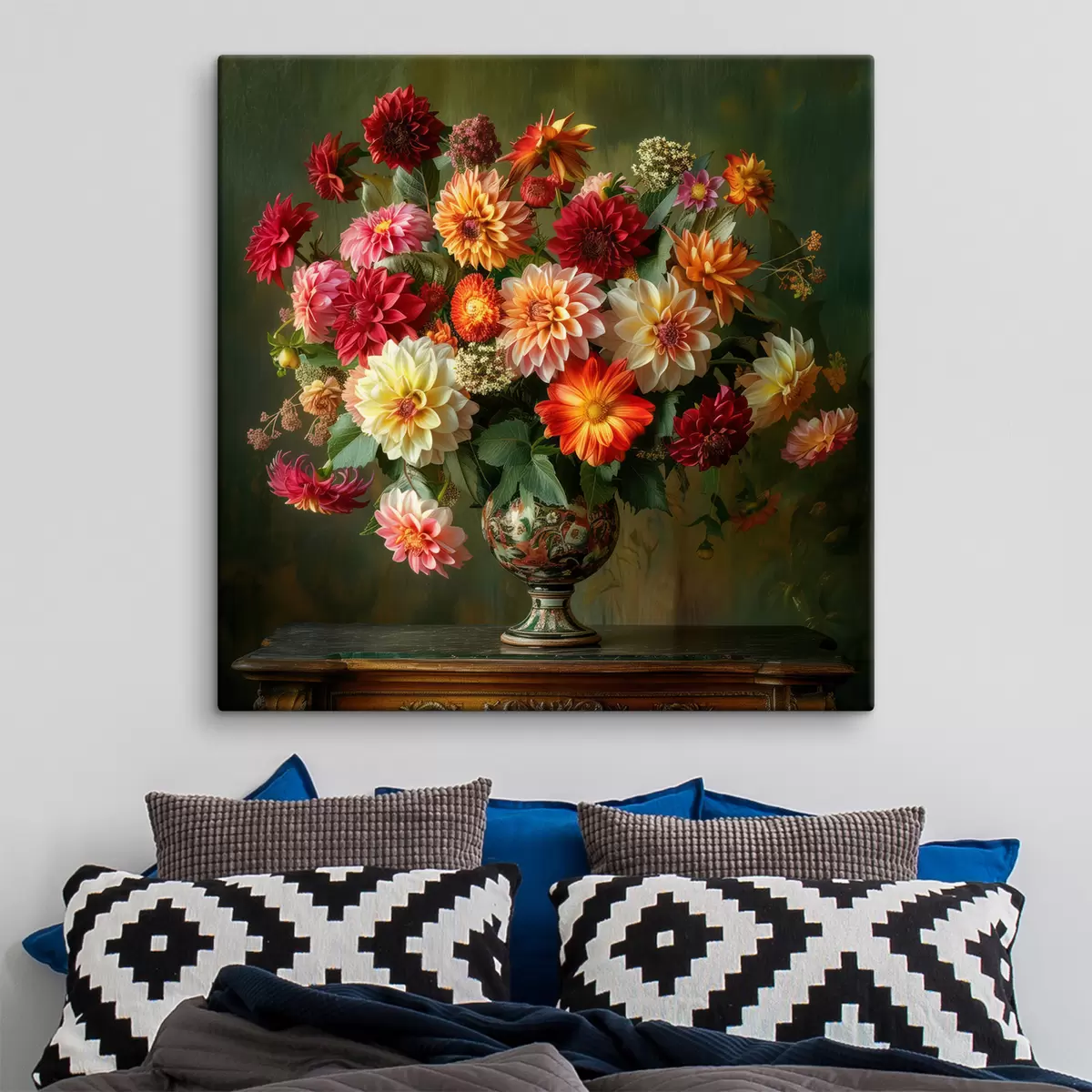 Tableau Bouquet luxuriant de chrysanthèmes dans un vase sur fond vert foncé s41001