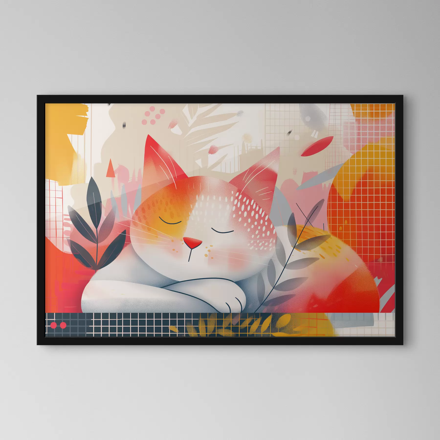 Tableau Un chat mignon dormant sur le sol parmi des fleurs colorées f40981