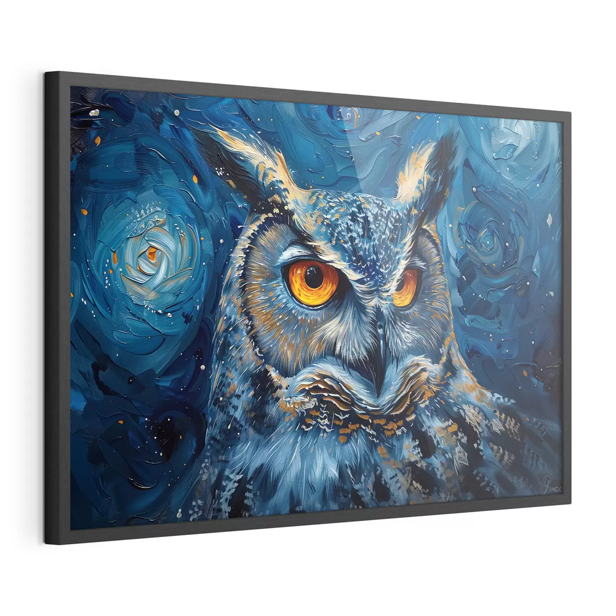 Poster Le regard d'un hibou la nuit dans un ciel à la Van Gogh f40982