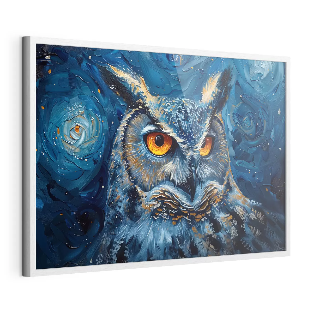 Poster Le regard d'un hibou la nuit dans un ciel à la Van Gogh f40982