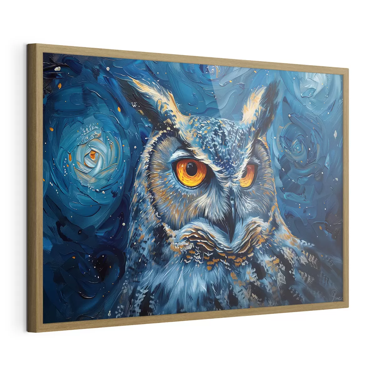 Poster Le regard d'un hibou la nuit dans un ciel à la Van Gogh f40982