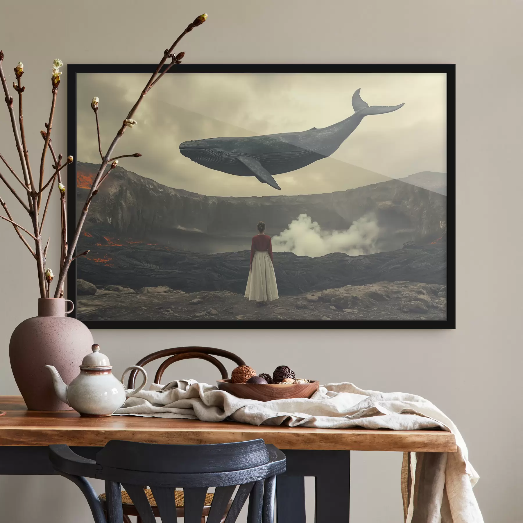 Papier peint Fille sur la lave avec une grande baleine volante dans le ciel f40986