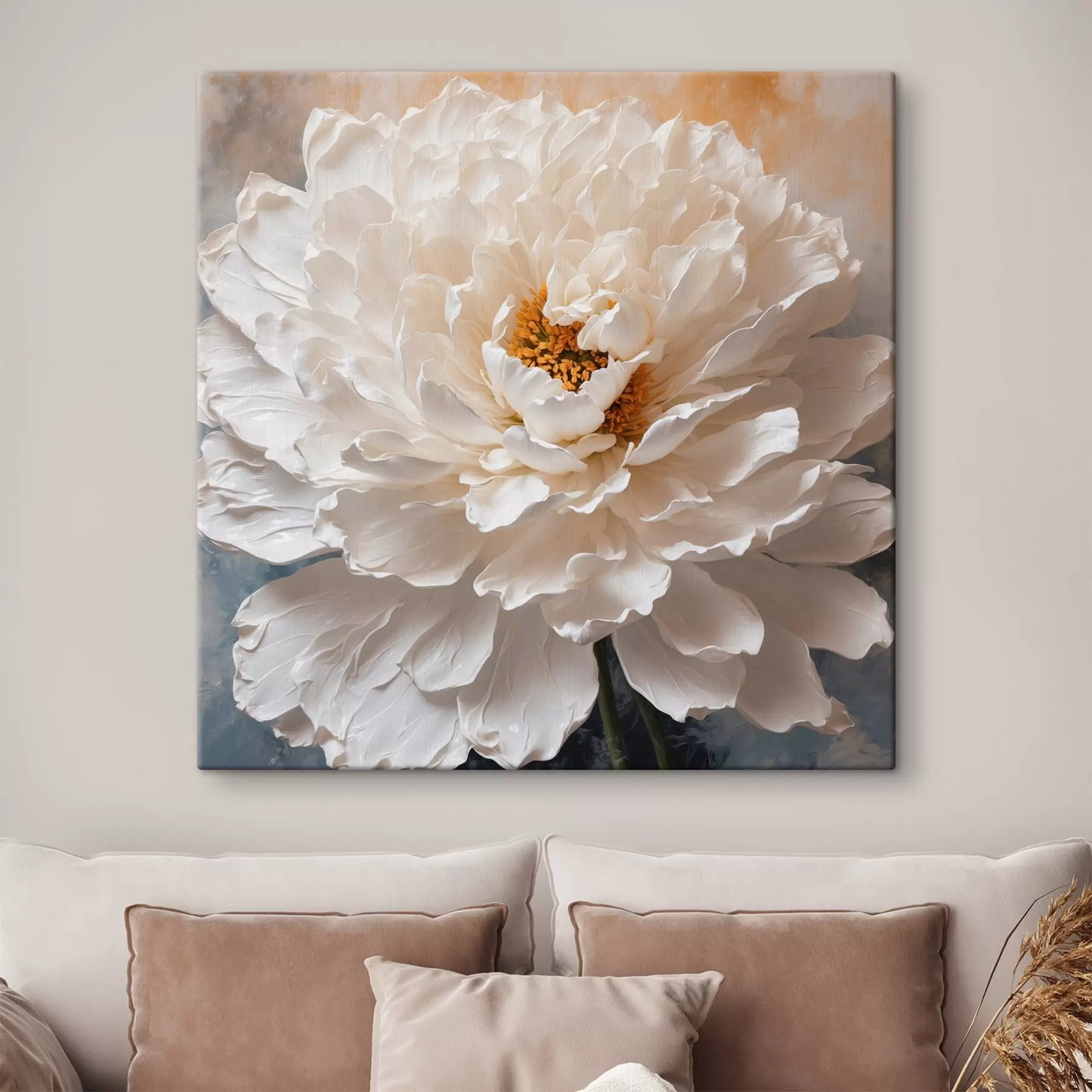 Tableau Fleur blanche sur fond bleu-orange s41038