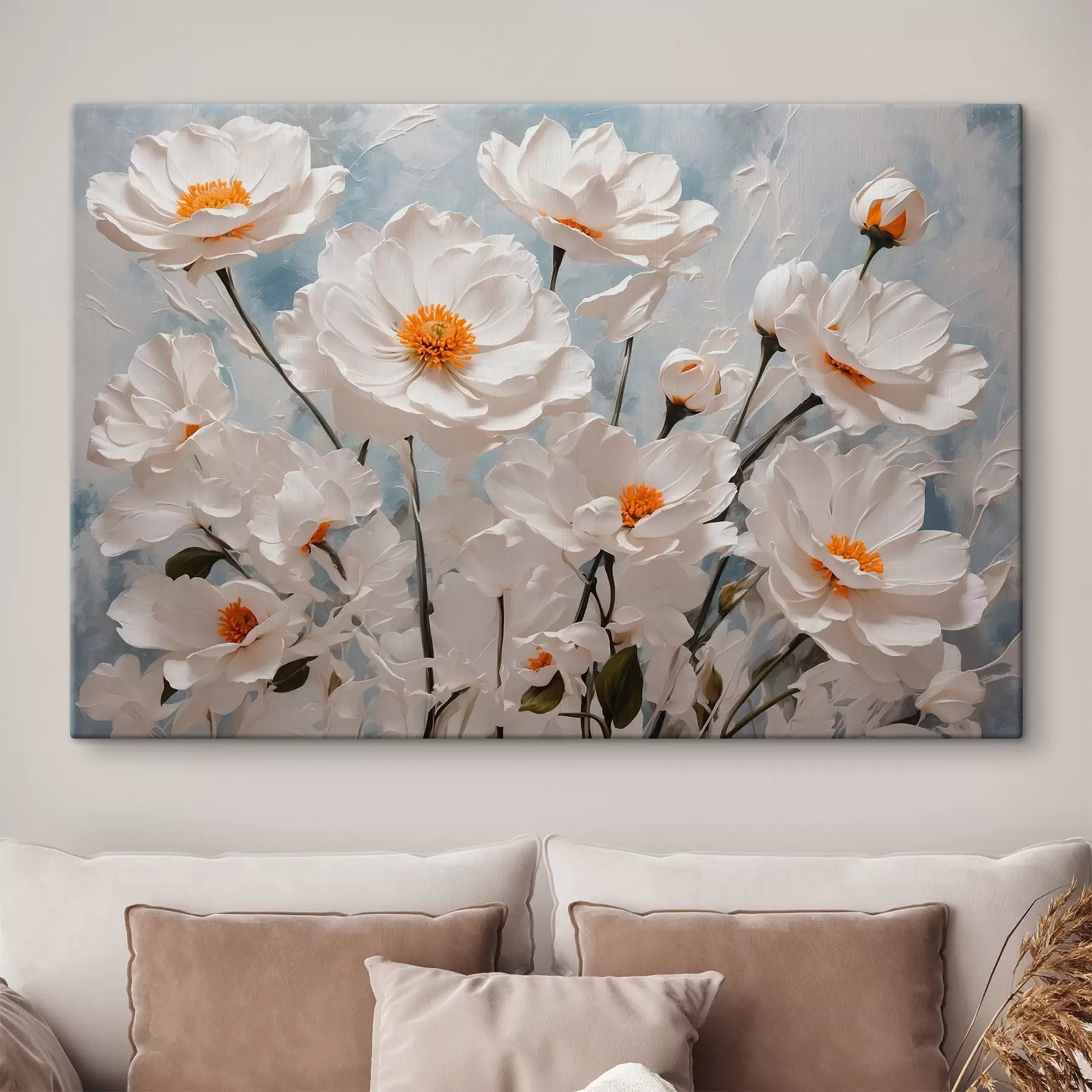 Papier peint Fleurs blanches sur fond bleu-blanc à l'huile s41041