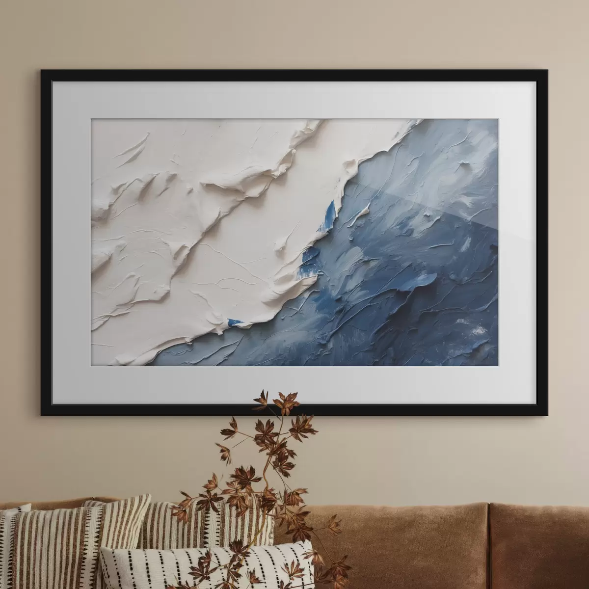 Poster Abstraction avec des couleurs à l'huile blanches et bleues f41025