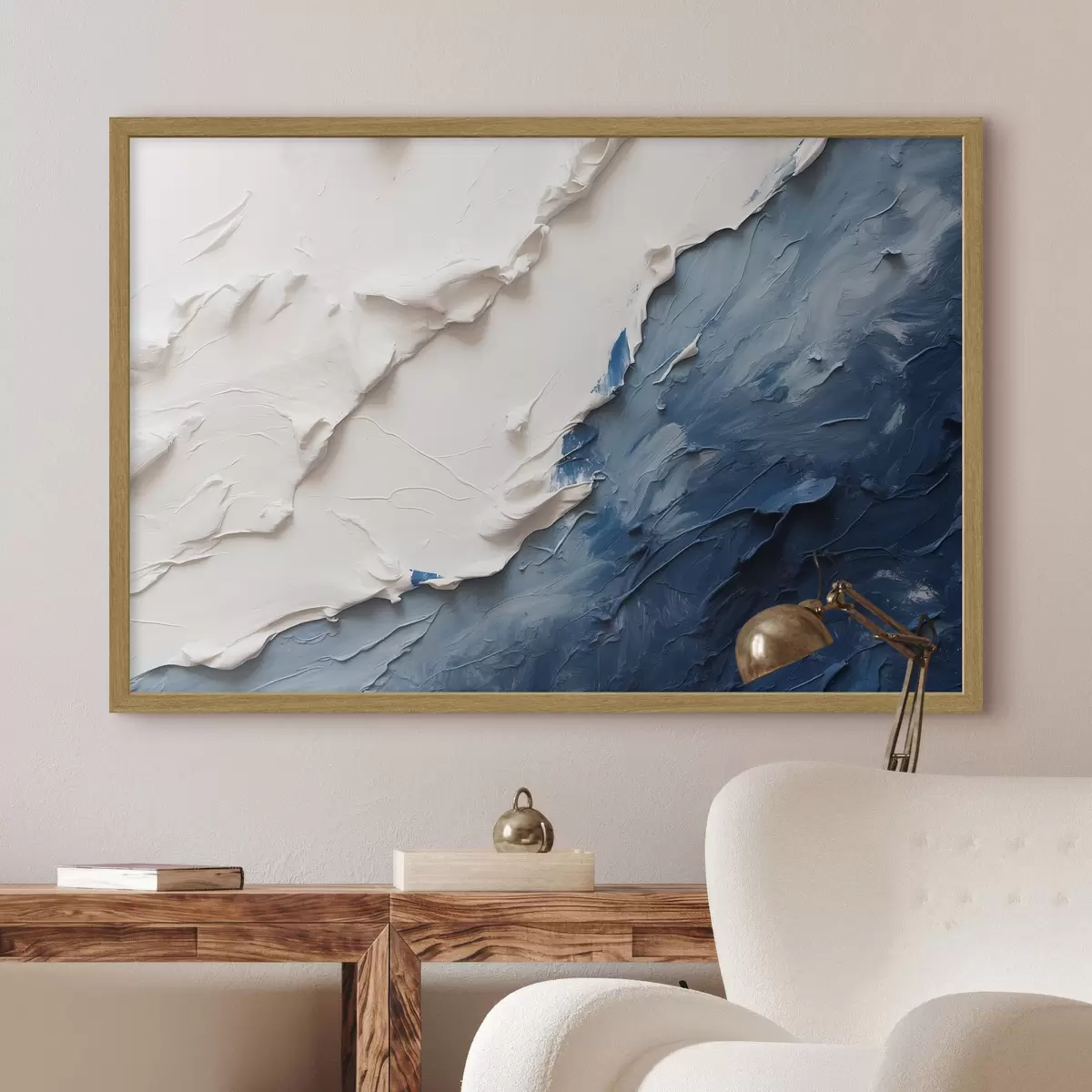 Poster Abstraction avec des couleurs à l'huile blanches et bleues f41025