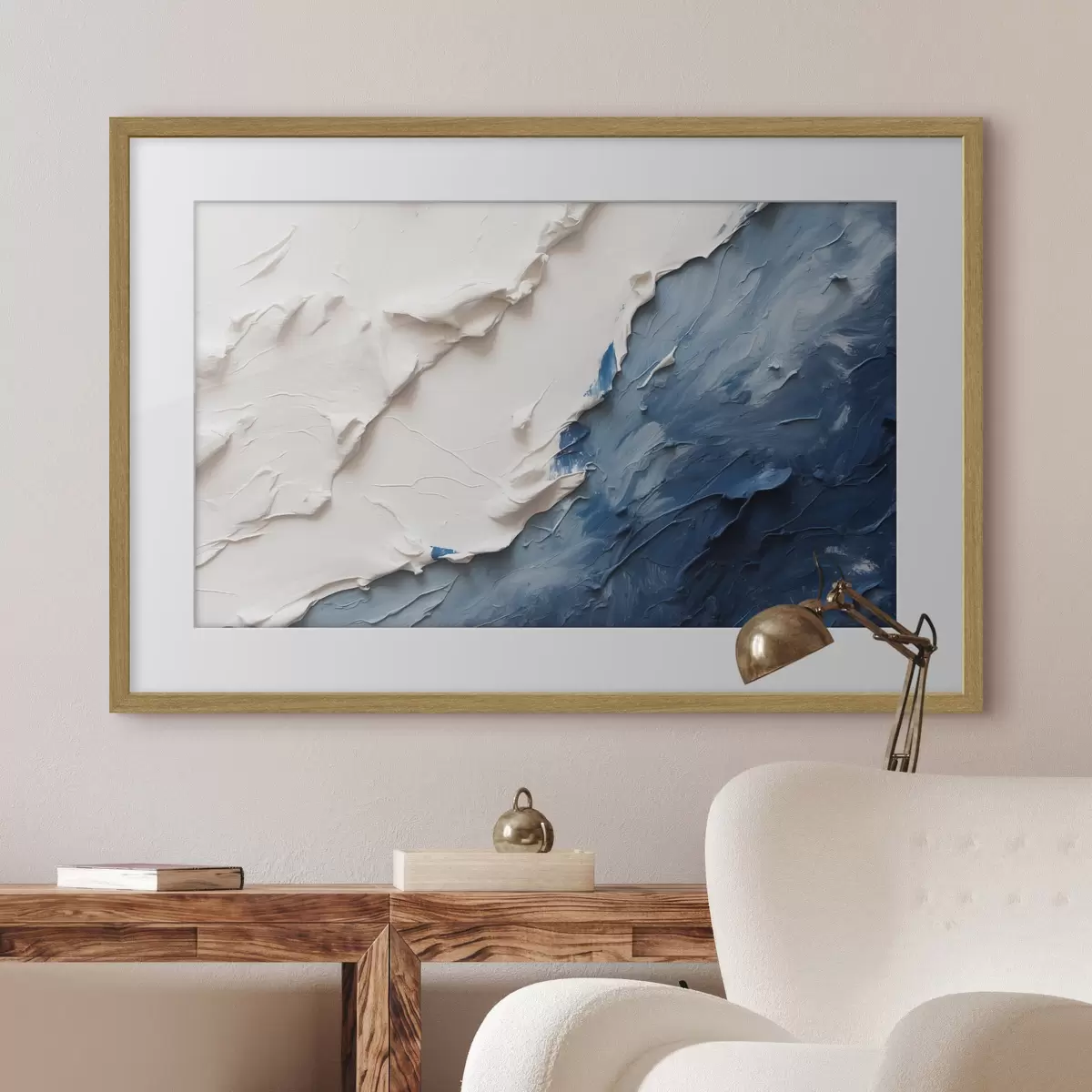 Poster Abstraction avec des couleurs à l'huile blanches et bleues f41025