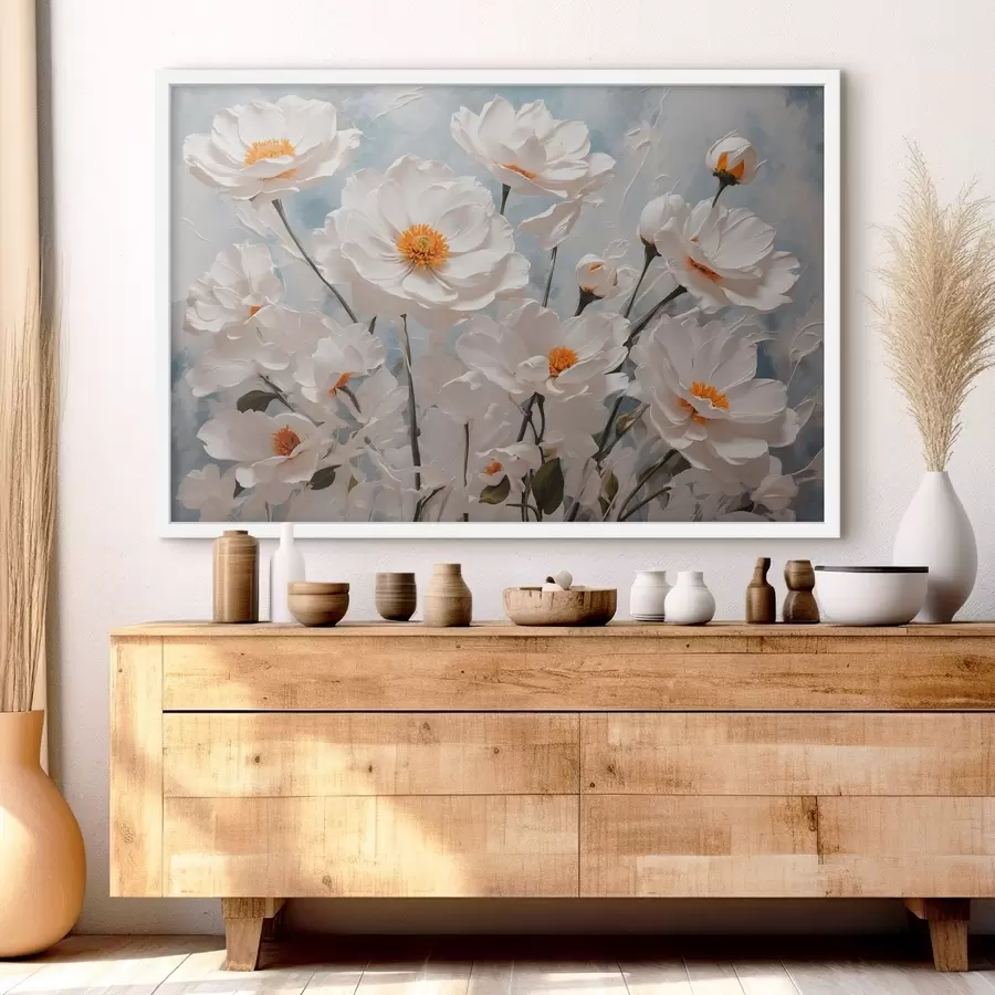 Papier peint Fleurs blanches sur fond bleu-blanc à l'huile f41041