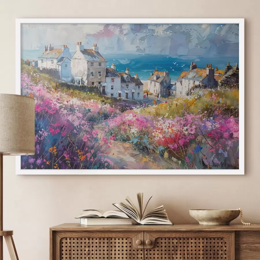 Papier peint Une ville côtière colorée peinte à l'huile avec des maisons blanches et un jardin de fleurs vibrantes au premier plan f41090