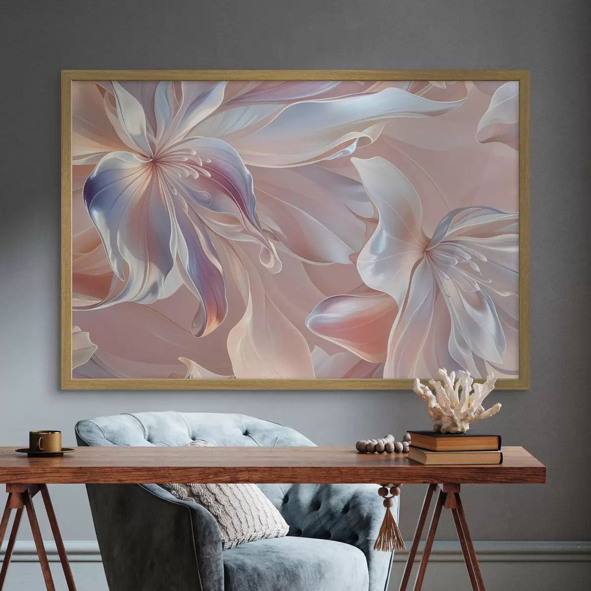 Poster Pétales de fleurs délicats, de couleur pastel, aux formes et textures fluides, créant une composition florale abstraite f41098