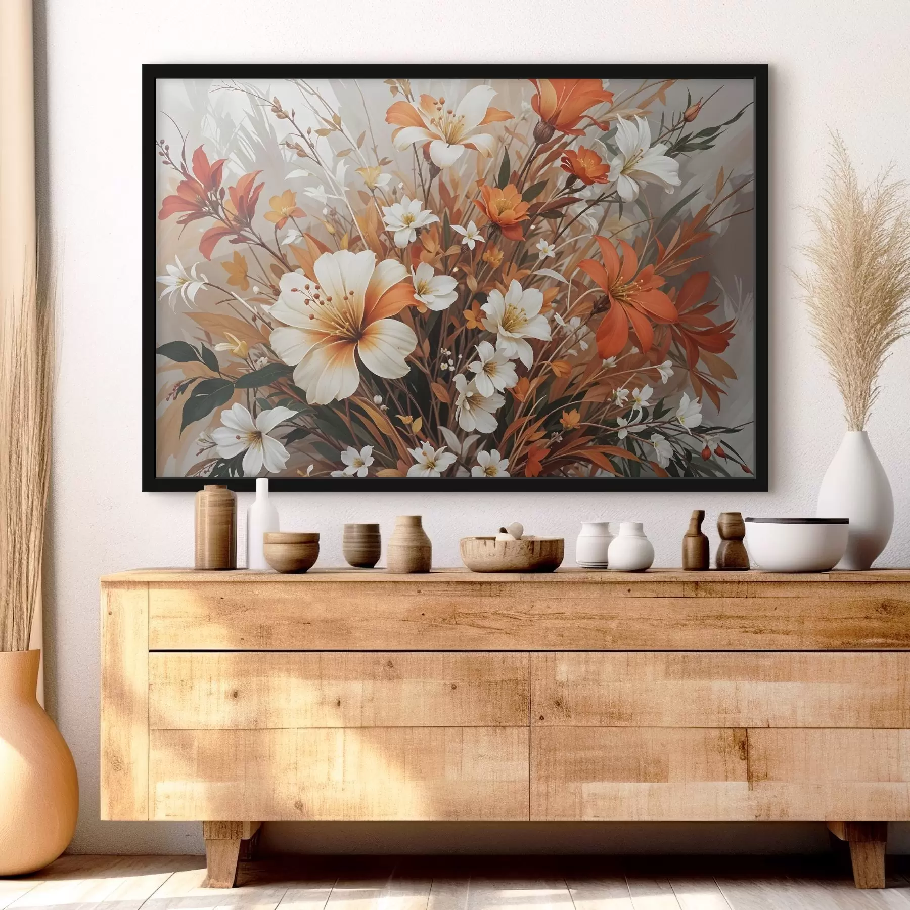 Papier peint Un bouquet vibrant de fleurs orange et blanches, comprenant des lys et d'autres fleurs délicates f41099